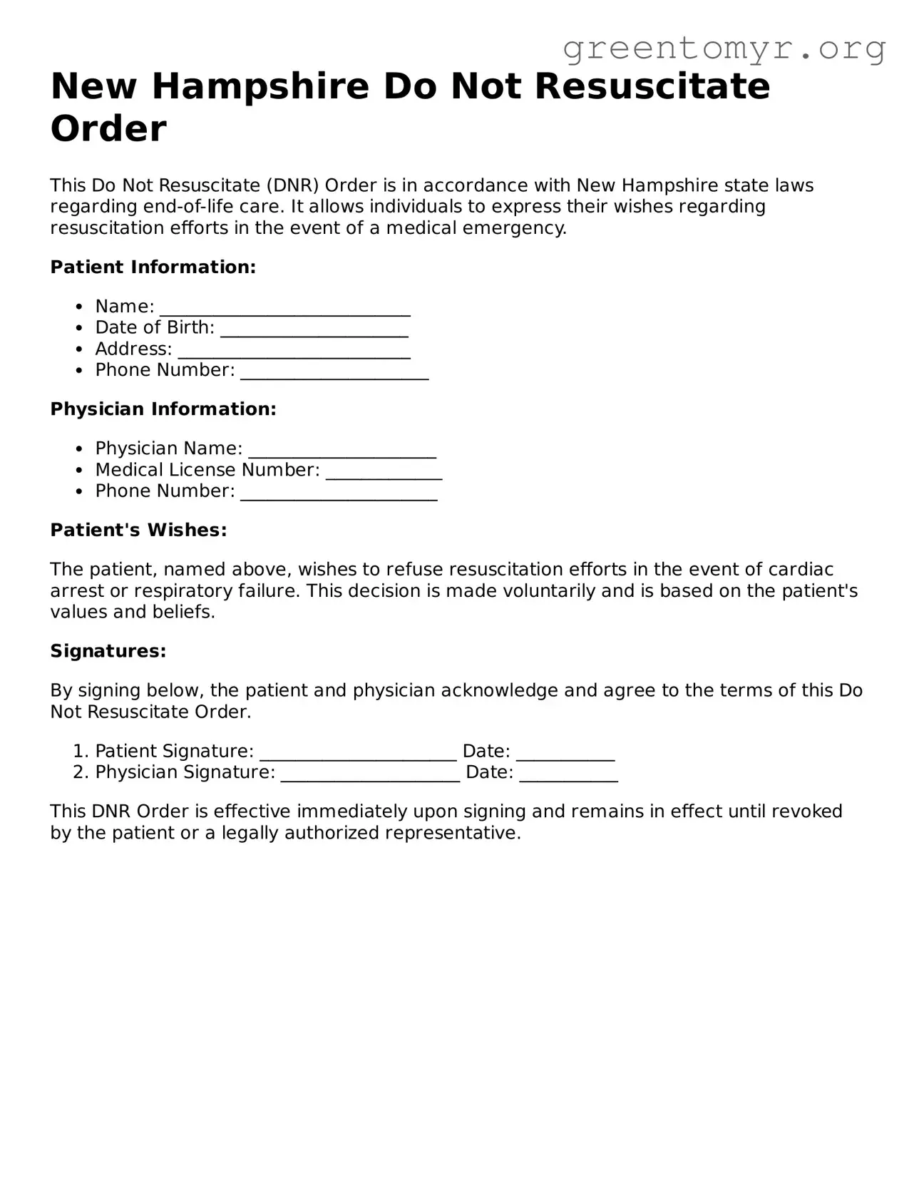 Do Not Resuscitate Order Form for the State of New Hampshire
