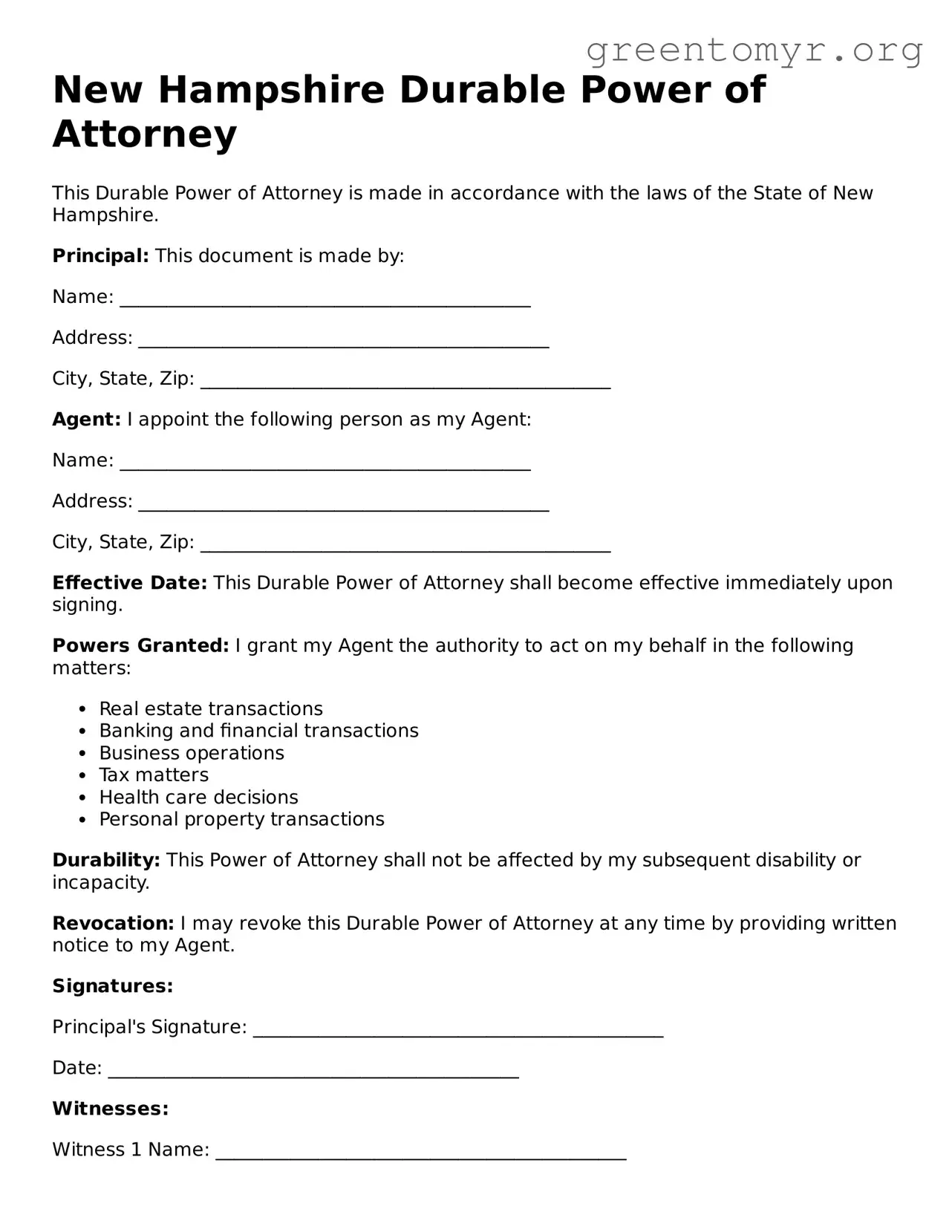 Durable Power of Attorney Form for the State of New Hampshire