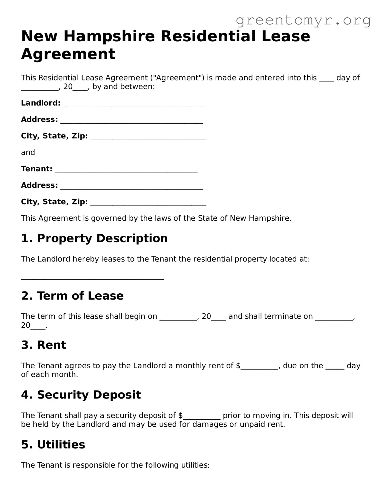 Residential Lease Agreement Form for the State of New Hampshire