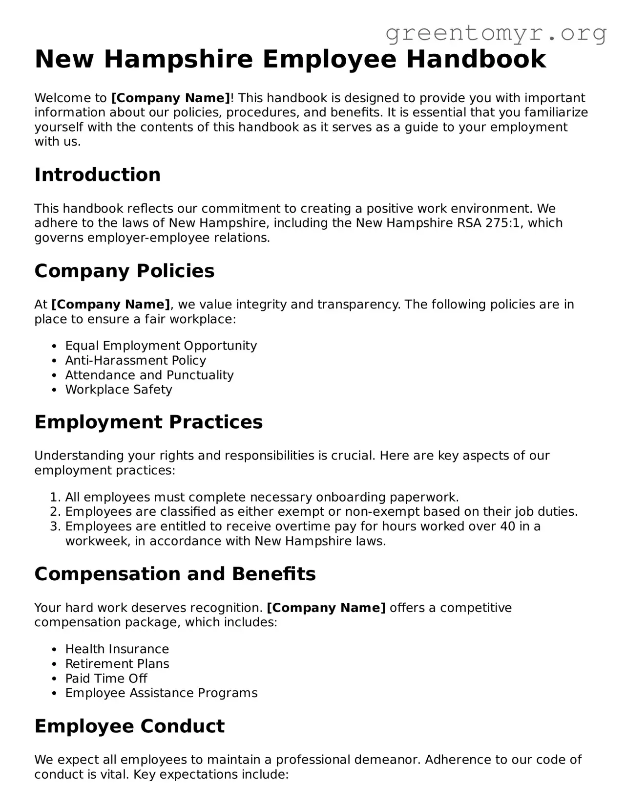 Employee Handbook Form for the State of New Hampshire