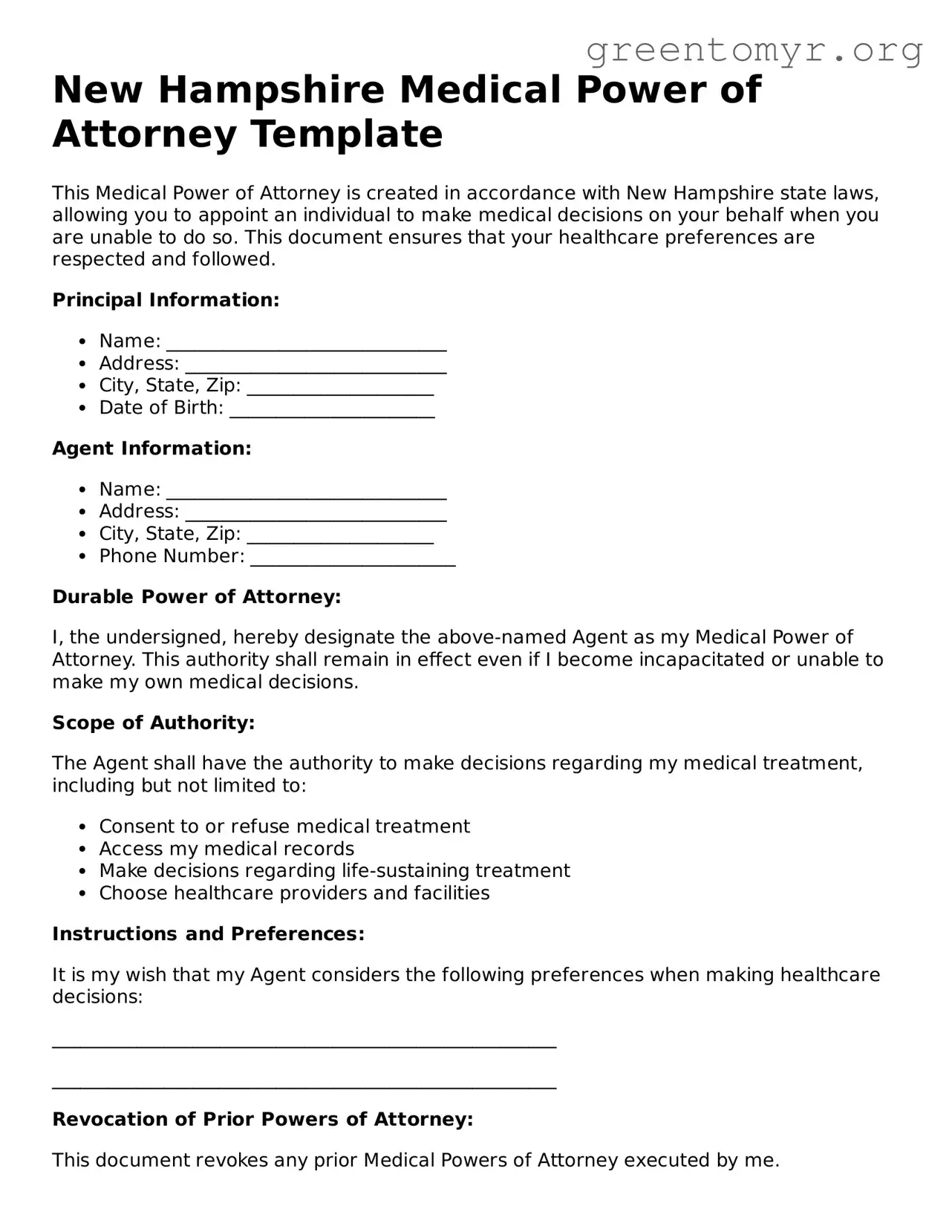 Medical Power of Attorney Form for the State of New Hampshire