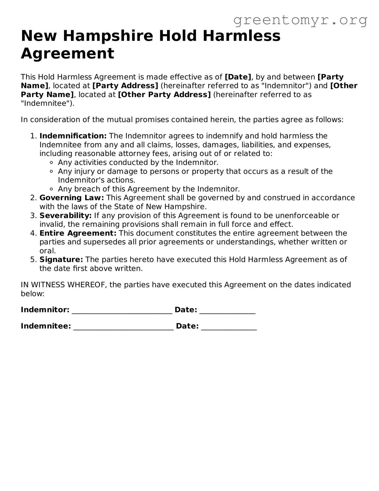 Hold Harmless Agreement Form for the State of New Hampshire