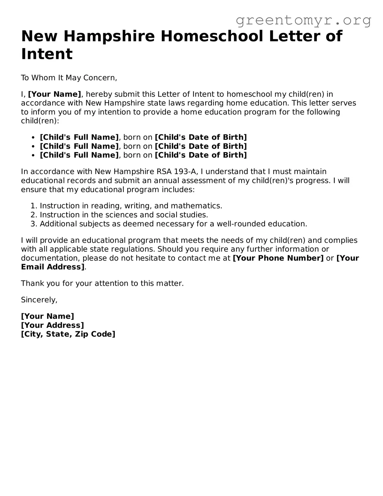 Homeschool Letter of Intent Form for the State of New Hampshire