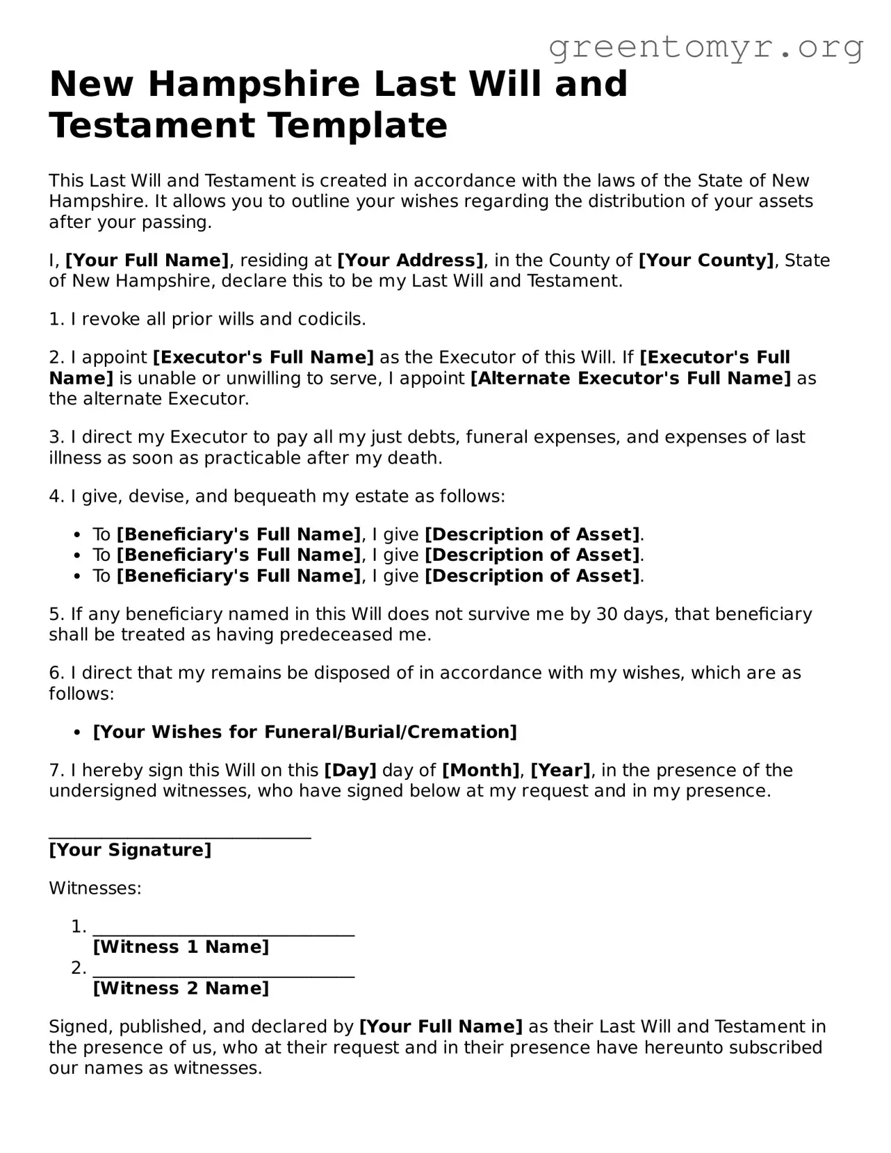 Last Will and Testament Form for the State of New Hampshire