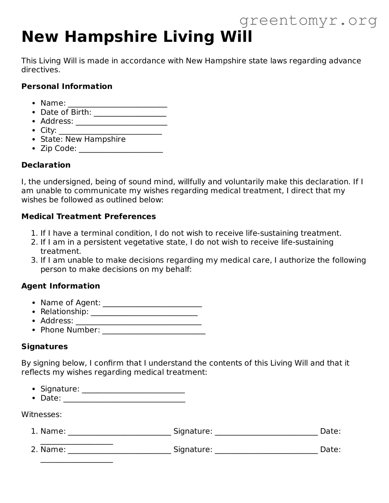 Living Will Form for the State of New Hampshire