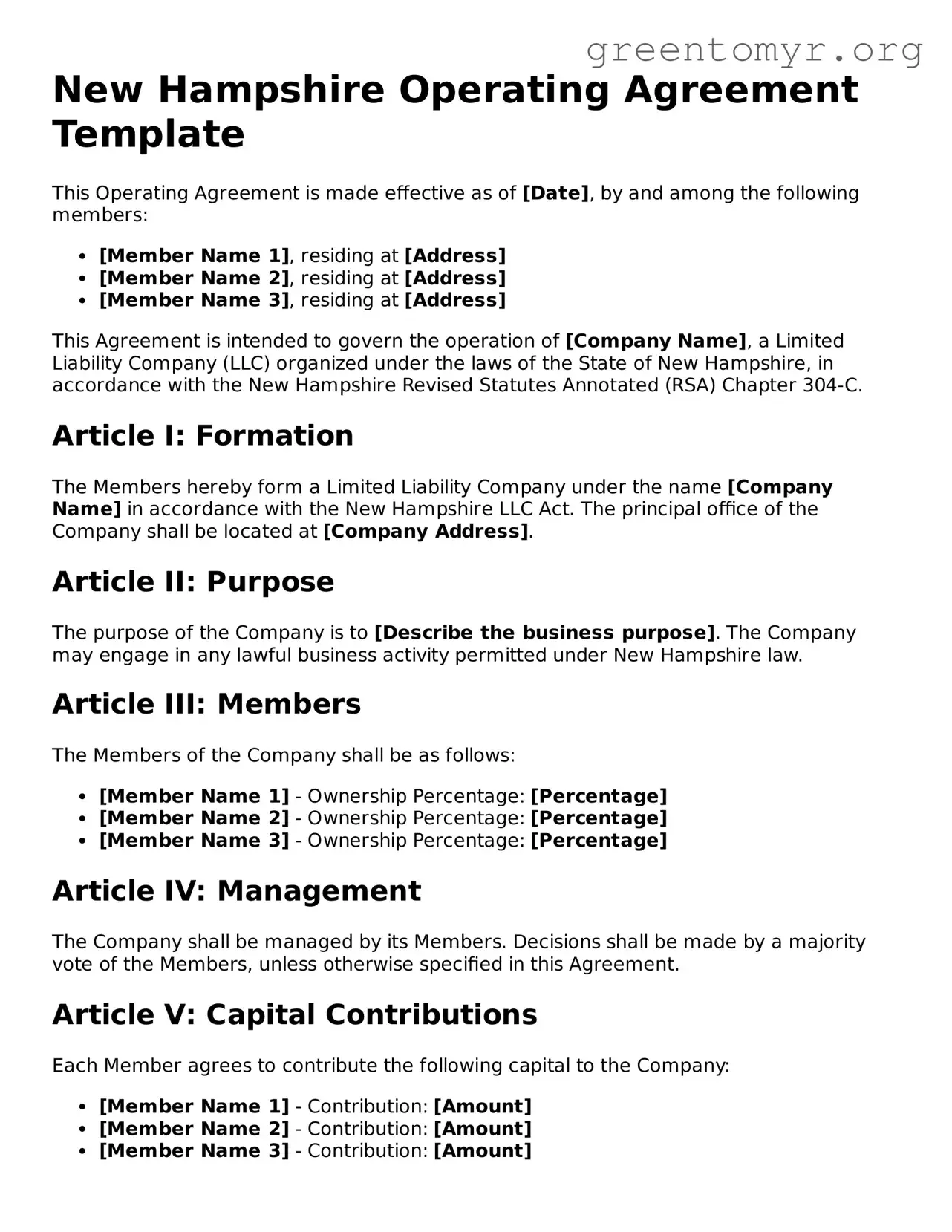 Operating Agreement Form for the State of New Hampshire