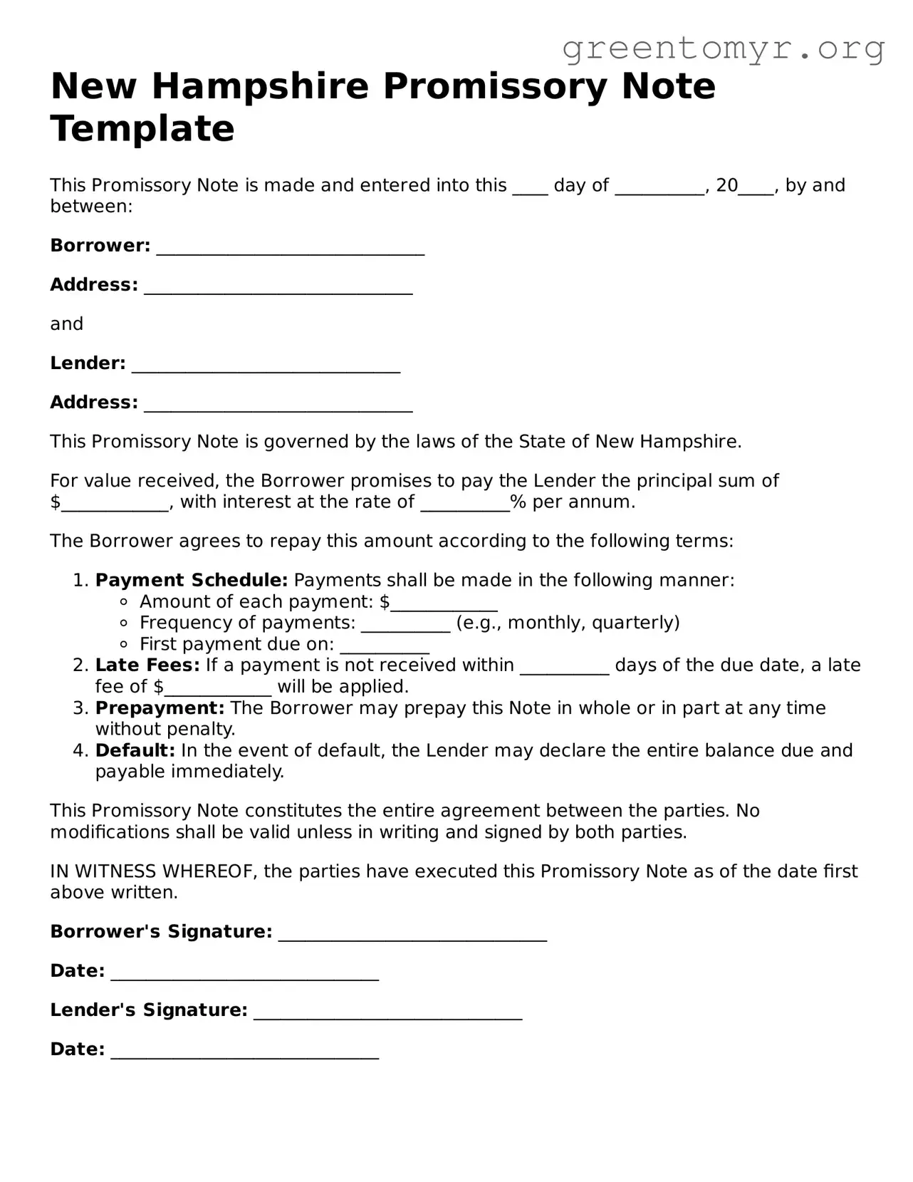 Promissory Note Form for the State of New Hampshire