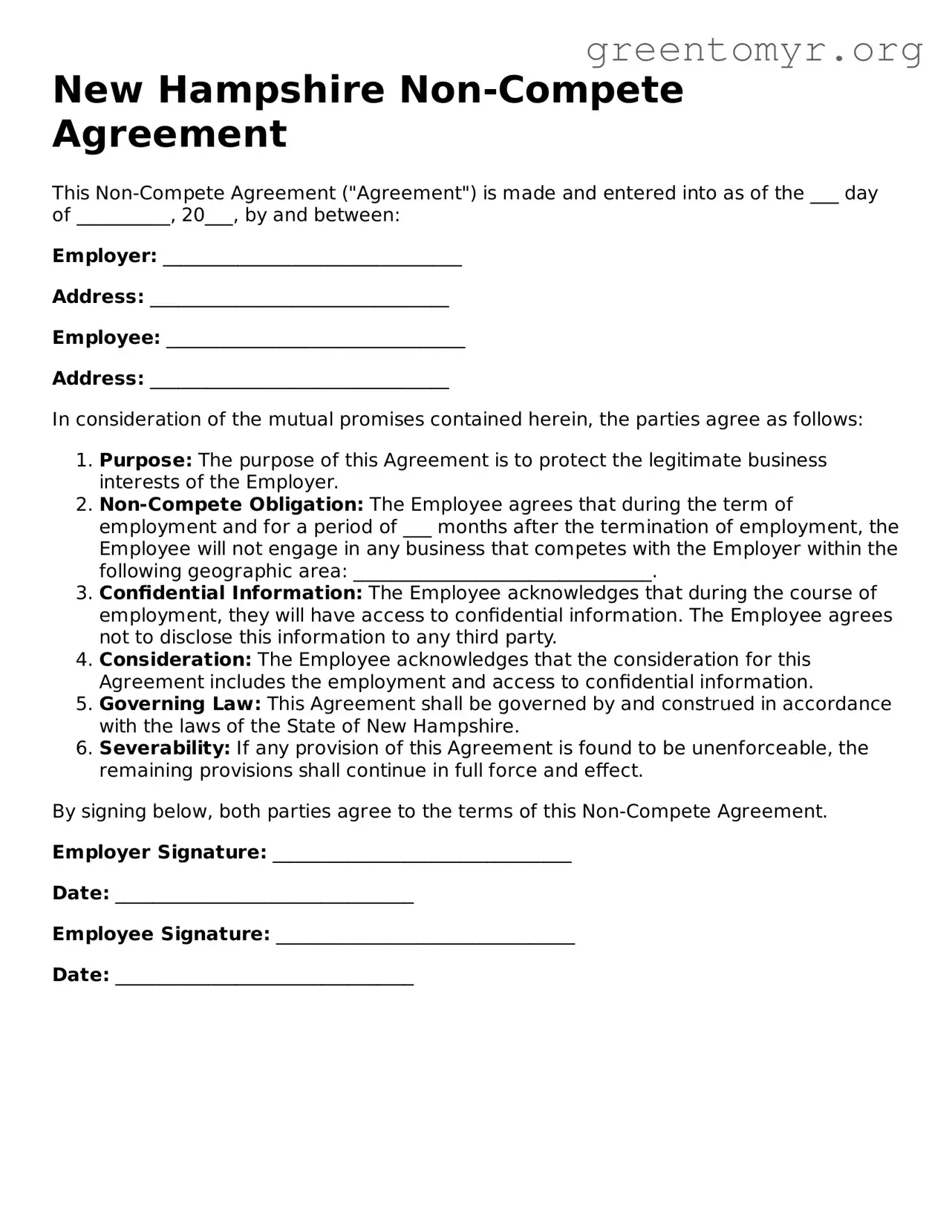 Non-compete Agreement Form for the State of New Hampshire