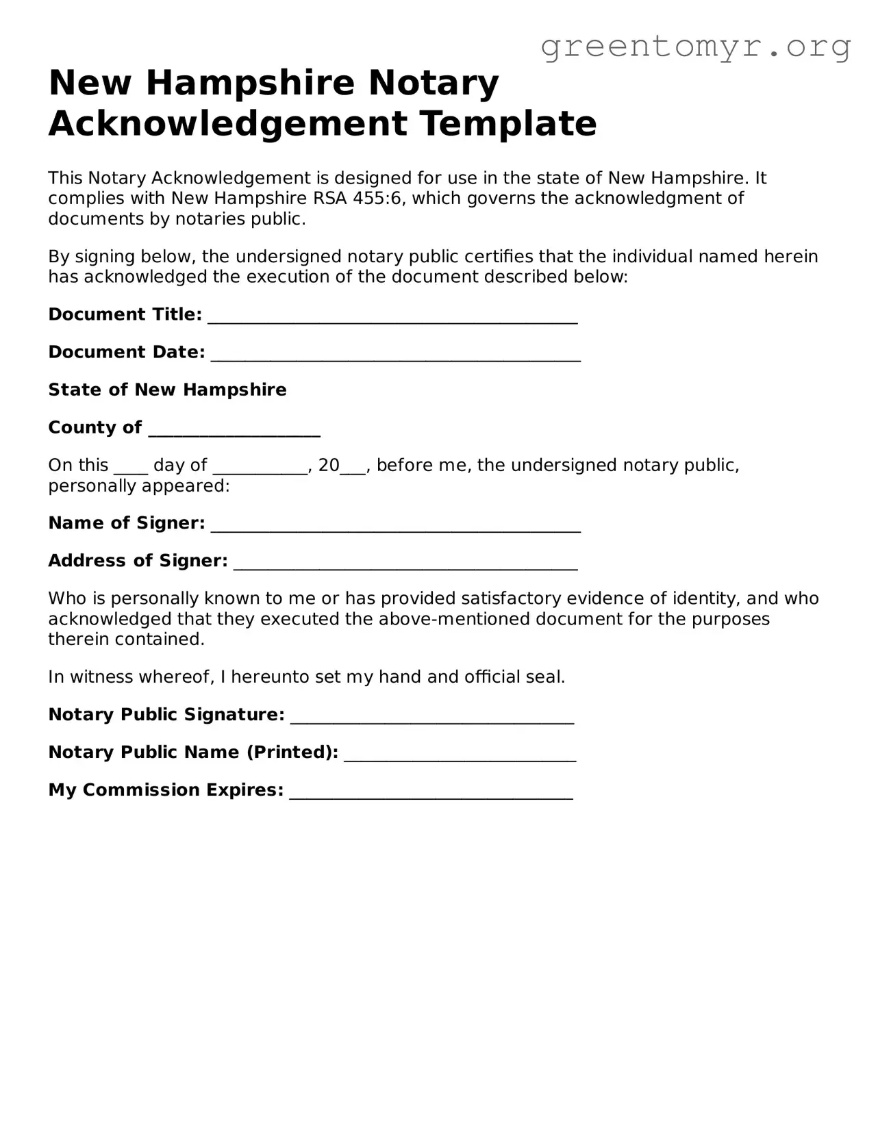 Notary Acknowledgement Form for the State of New Hampshire