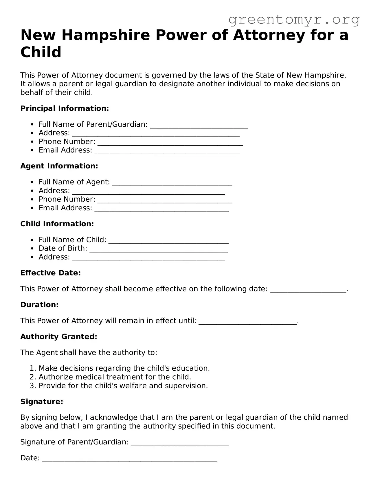 Power of Attorney for a Child Form for the State of New Hampshire