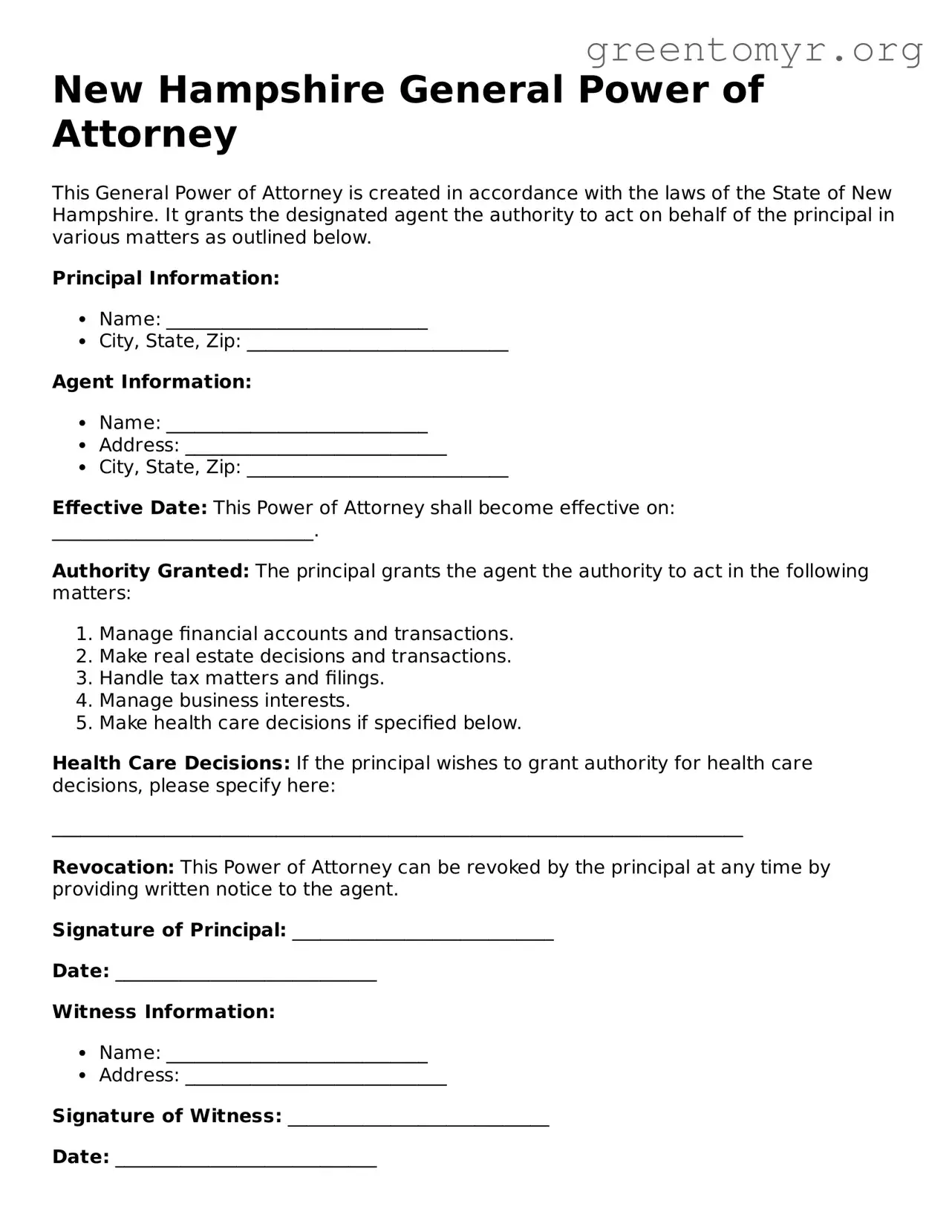 General Power of Attorney Form for the State of New Hampshire