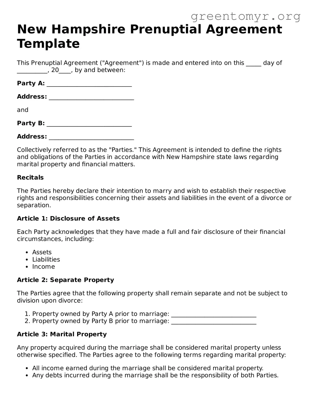 Prenuptial Agreement Form for the State of New Hampshire