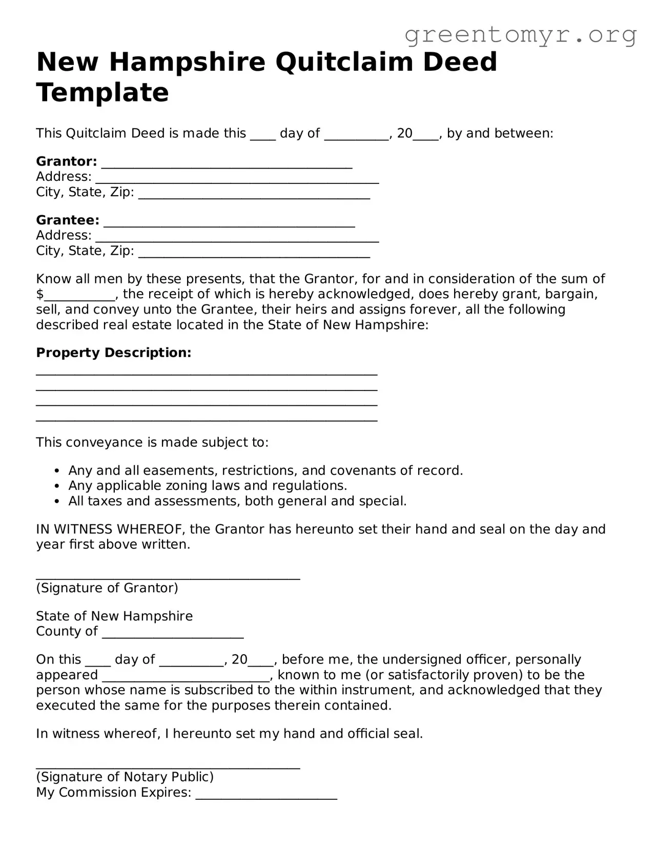 Quitclaim Deed Form for the State of New Hampshire