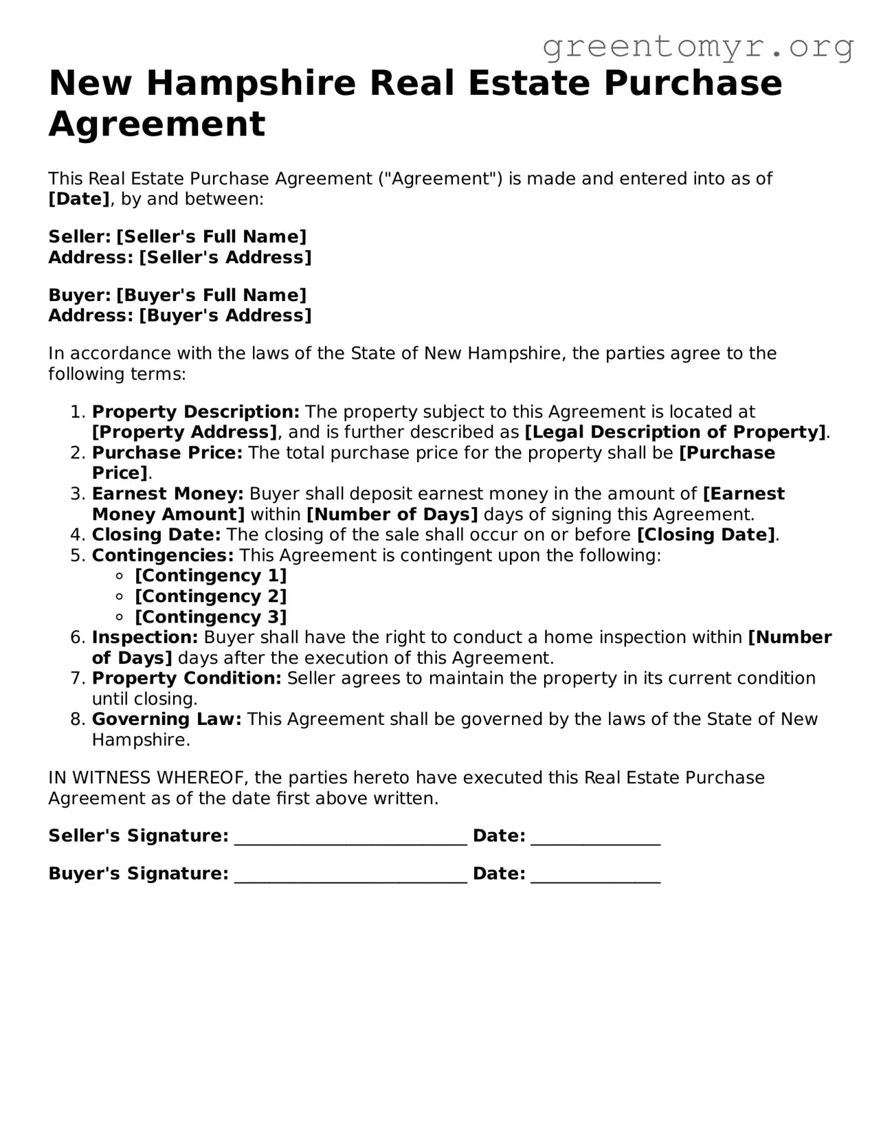 Real Estate Purchase Agreement Form for the State of New Hampshire