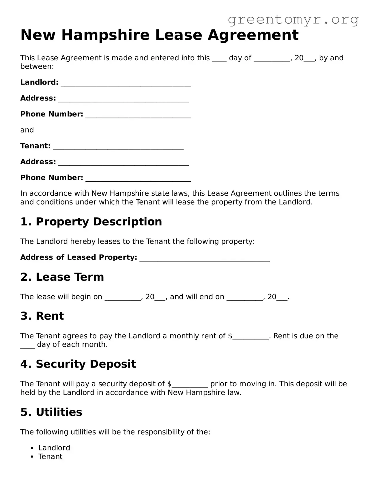 Lease Agreement Form for the State of New Hampshire