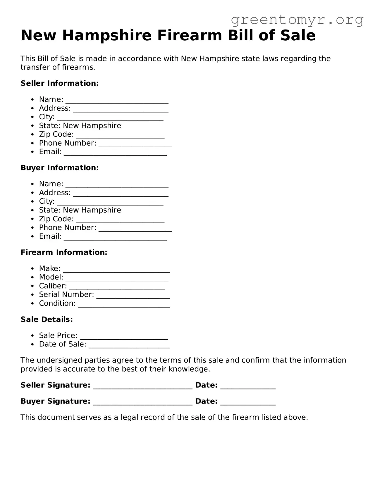 Firearm Bill of Sale Form for the State of New Hampshire
