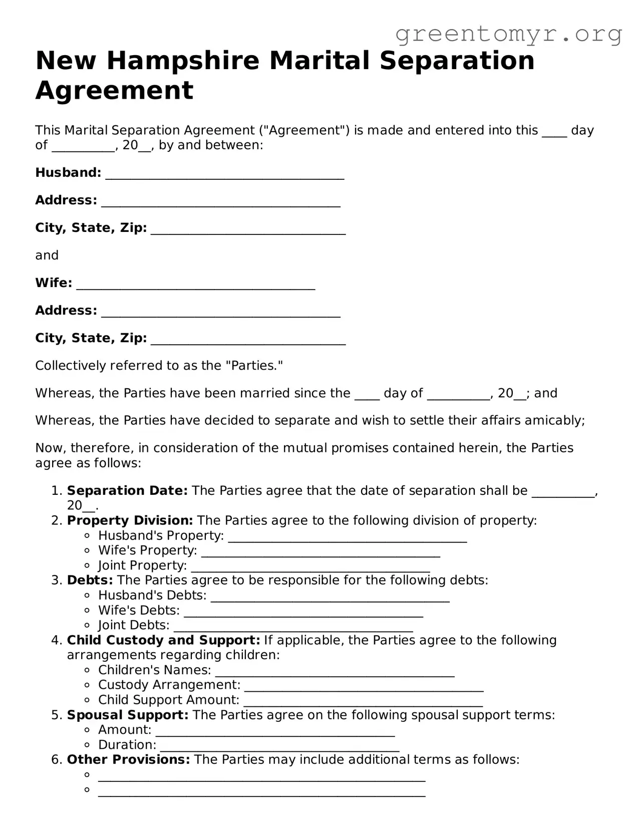Marital Separation Agreement Form for the State of New Hampshire