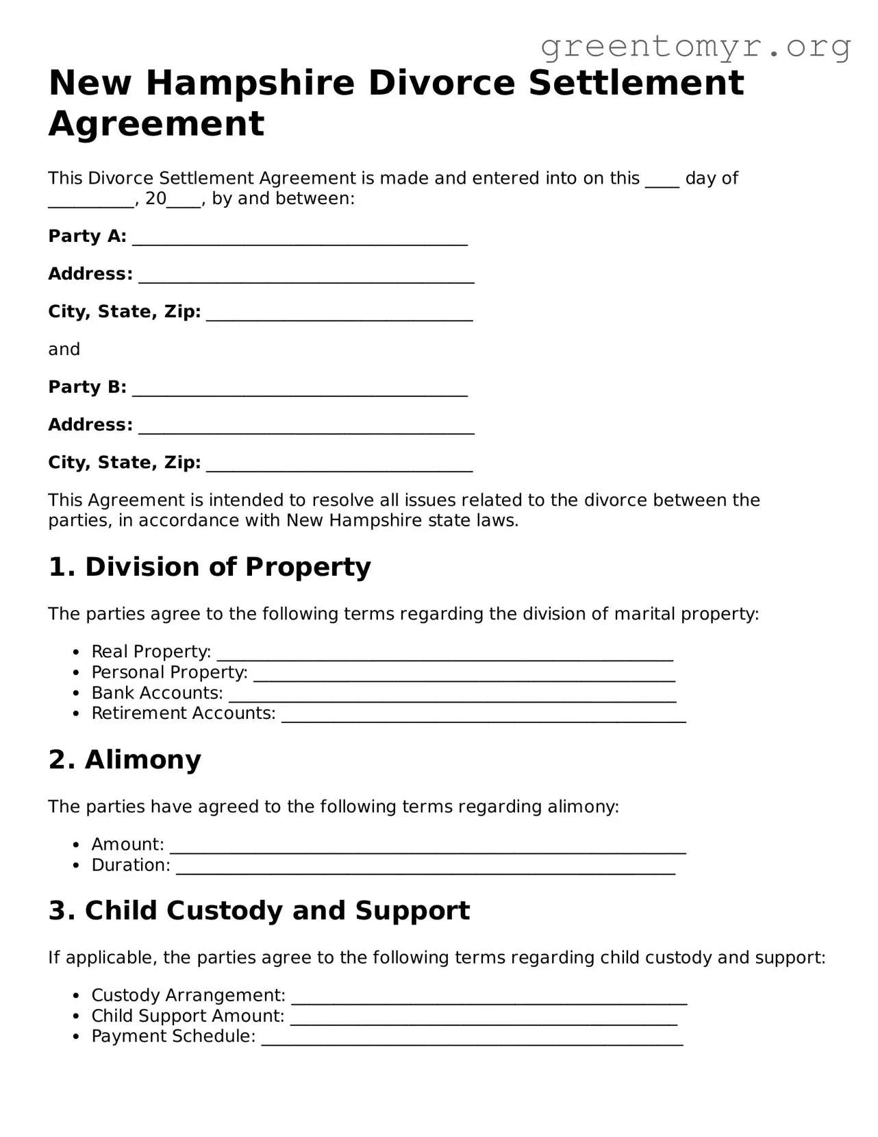 Divorce Settlement Agreement Form for the State of New Hampshire