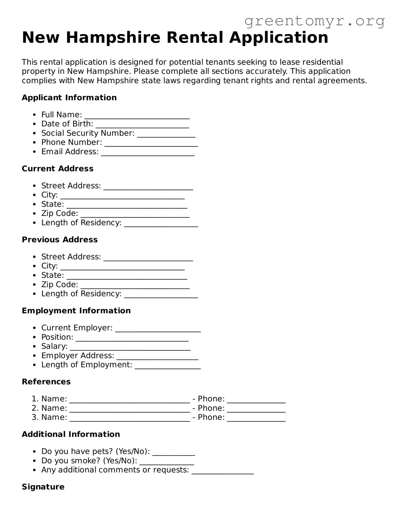 Rental Application Form for the State of New Hampshire