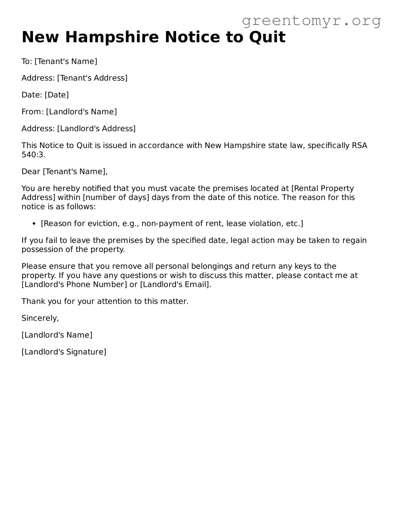 Notice to Quit Form for the State of New Hampshire