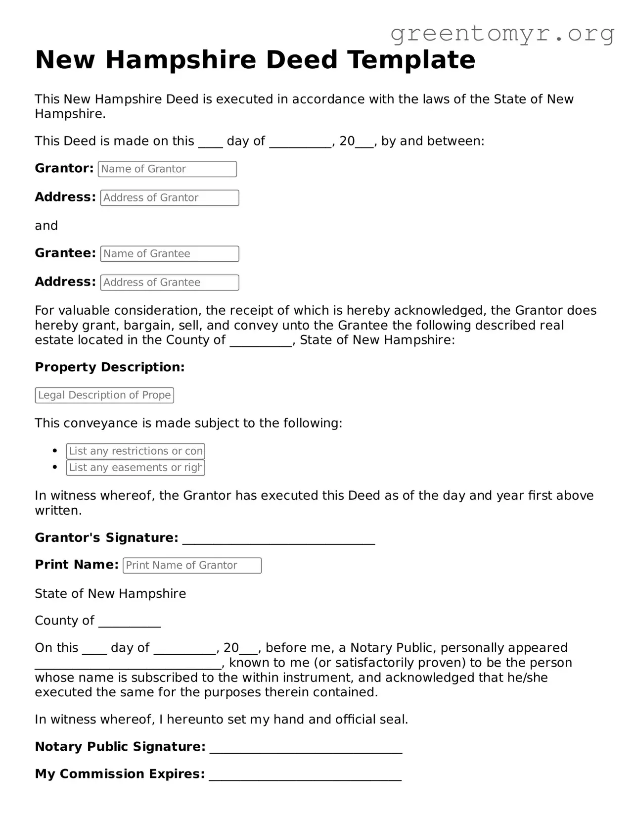 Deed Form for the State of New Hampshire