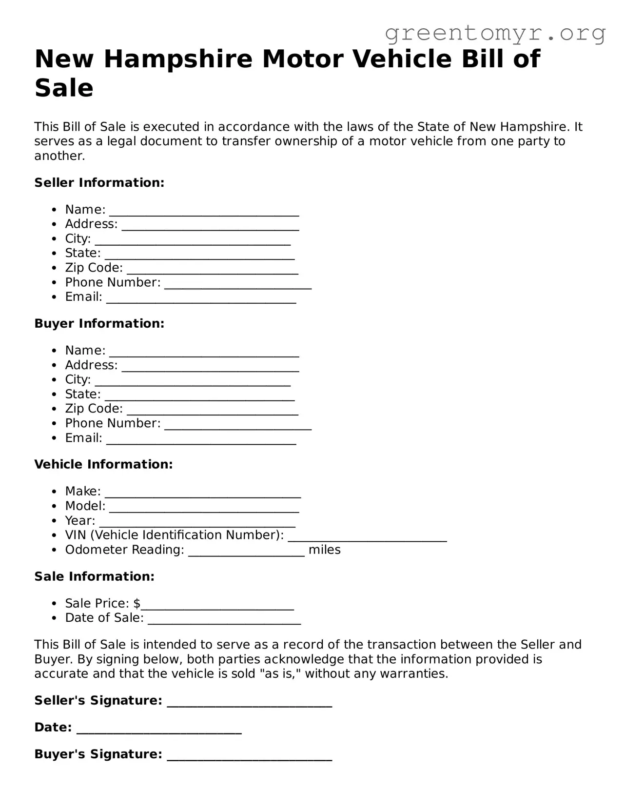 Motor Vehicle Bill of Sale Form for the State of New Hampshire