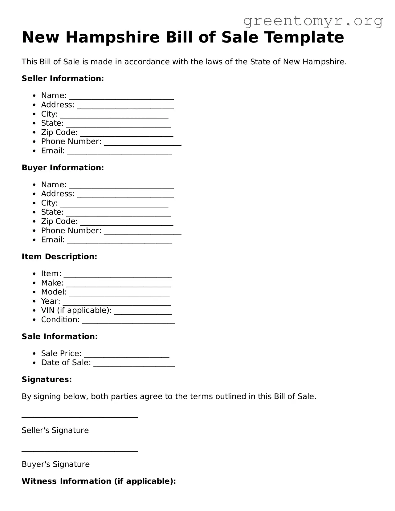 Bill of Sale Form for the State of New Hampshire