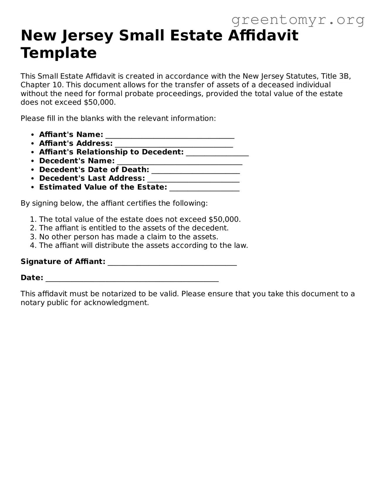 Small Estate Affidavit Form for the State of New Jersey