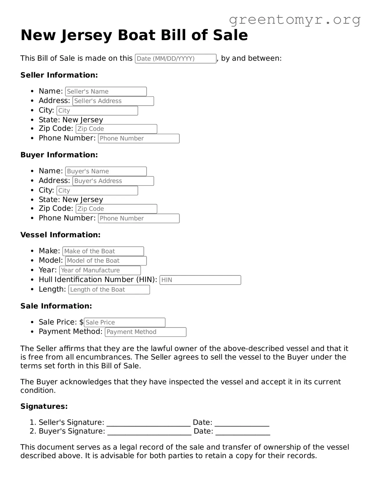 Boat Bill of Sale Form for the State of New Jersey