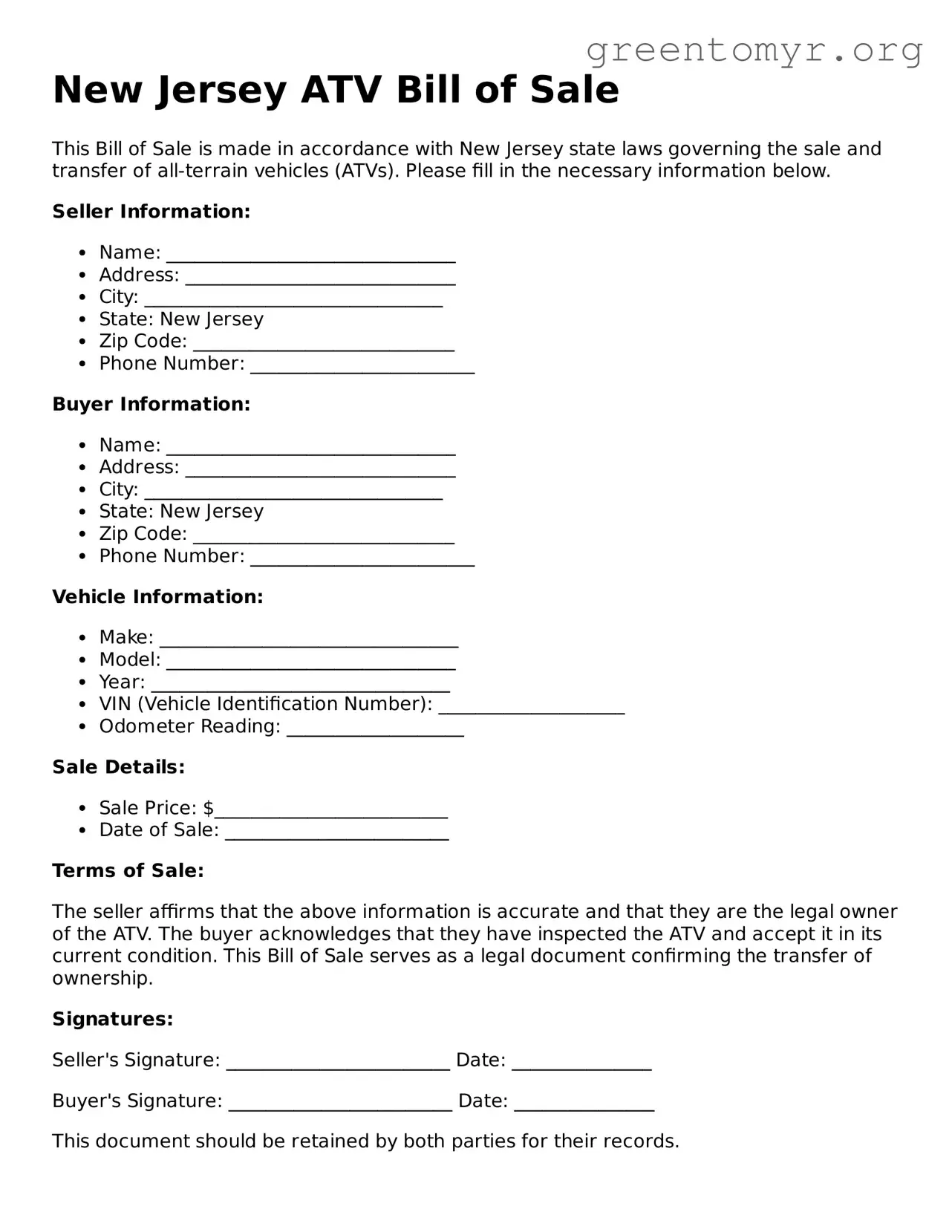 ATV Bill of Sale Form for the State of New Jersey
