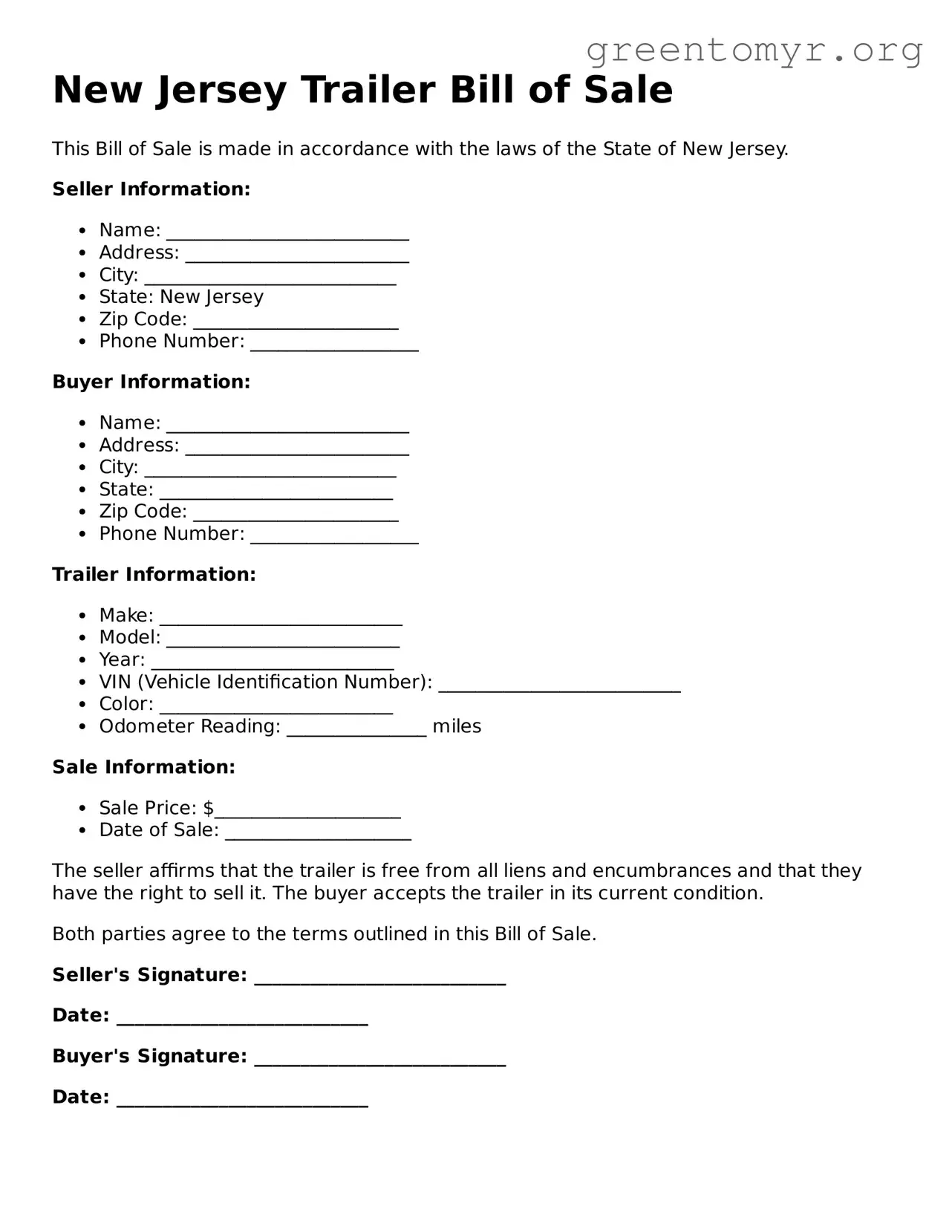 Trailer Bill of Sale Form for the State of New Jersey