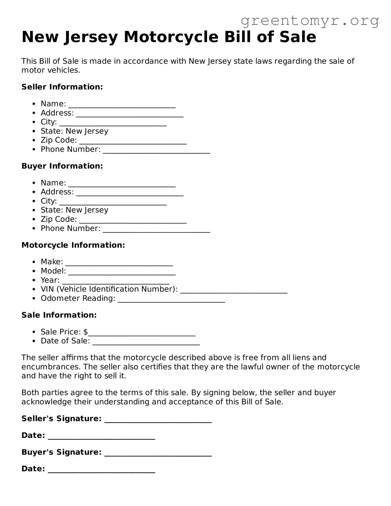 Motorcycle Bill of Sale Form for the State of New Jersey