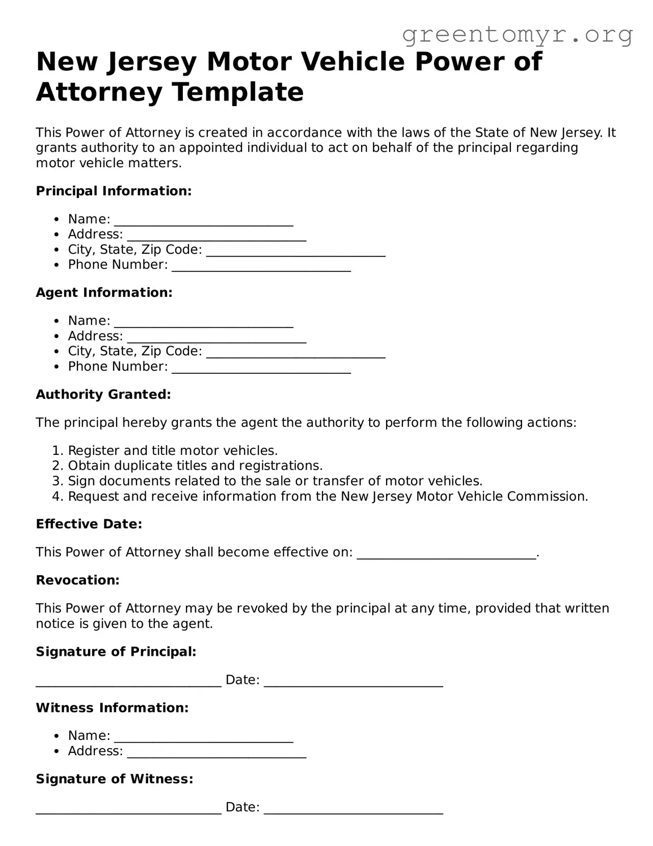 Motor Vehicle Power of Attorney Form for the State of New Jersey