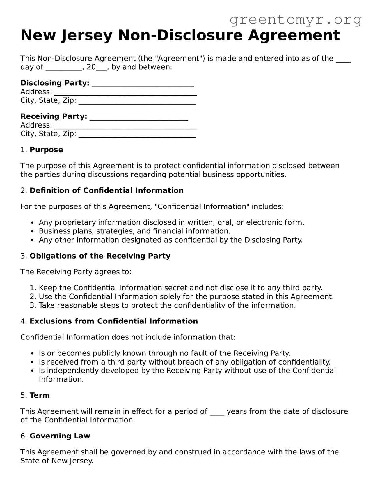 Non-disclosure Agreement Form for the State of New Jersey