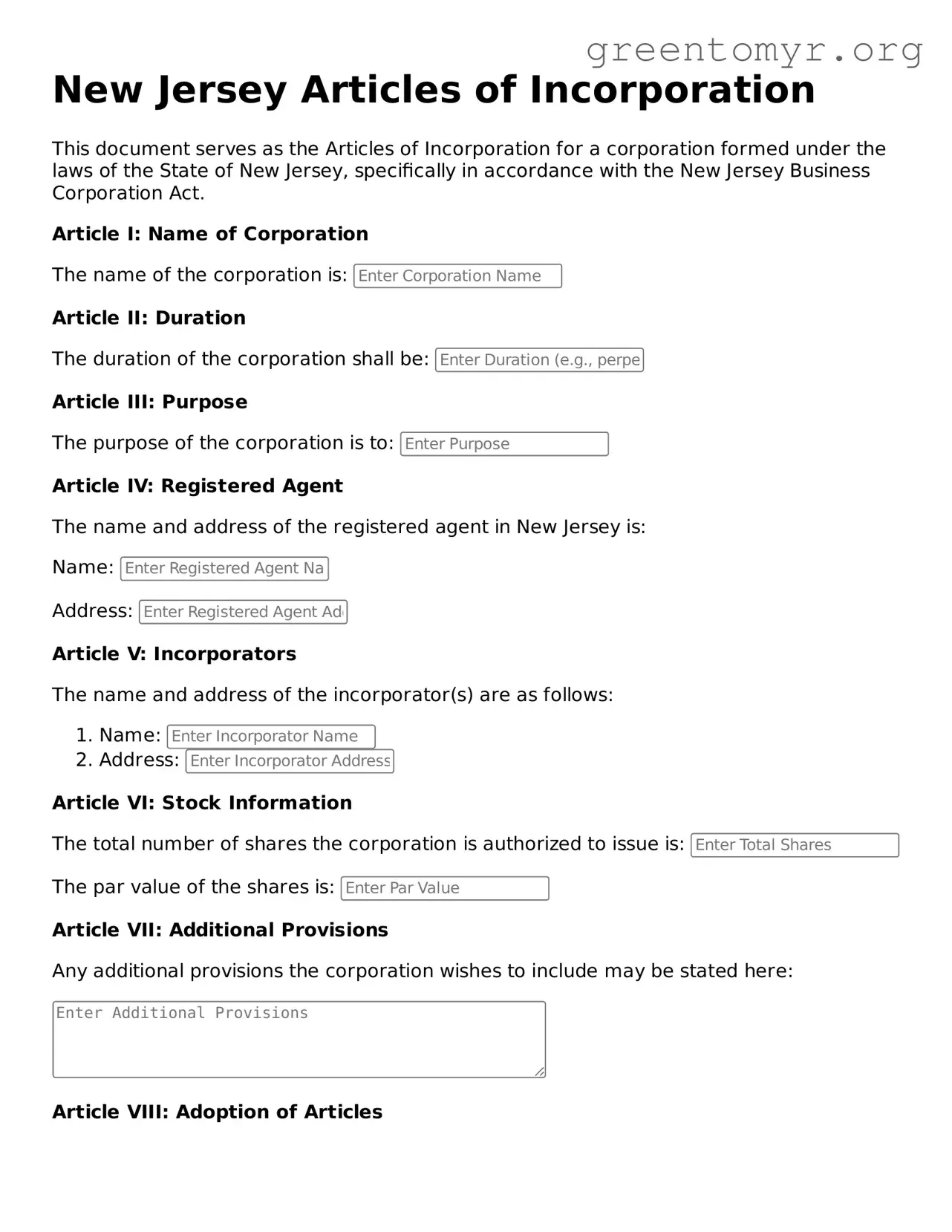 Articles of Incorporation Form for the State of New Jersey