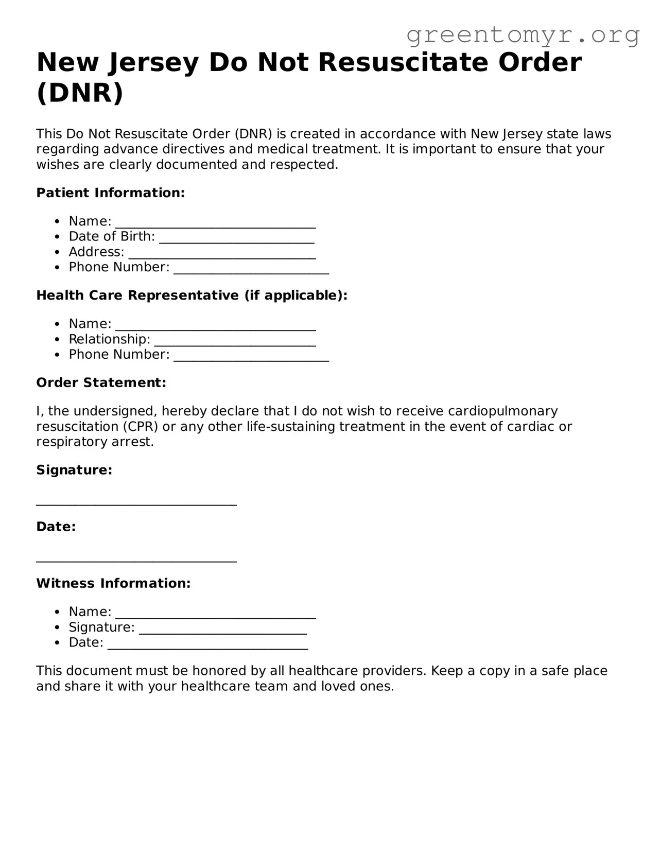 Do Not Resuscitate Order Form for the State of New Jersey