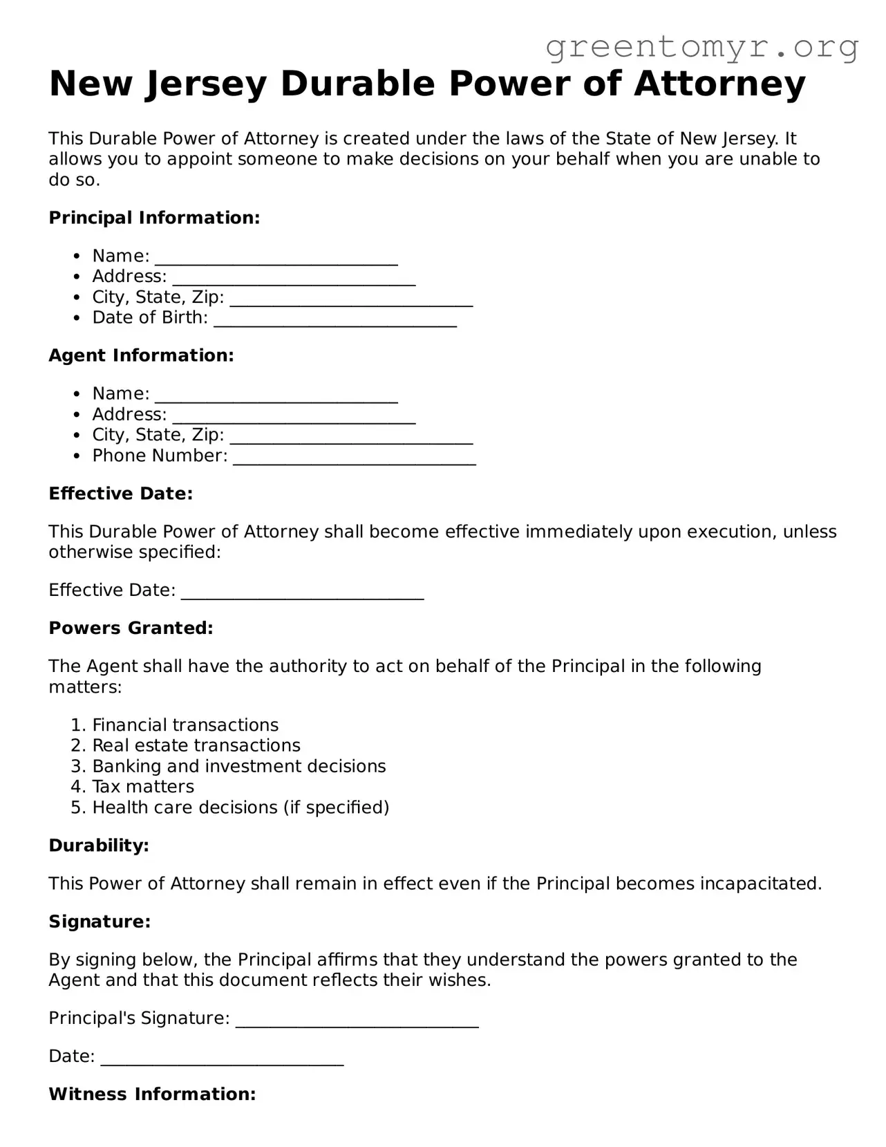 Durable Power of Attorney Form for the State of New Jersey