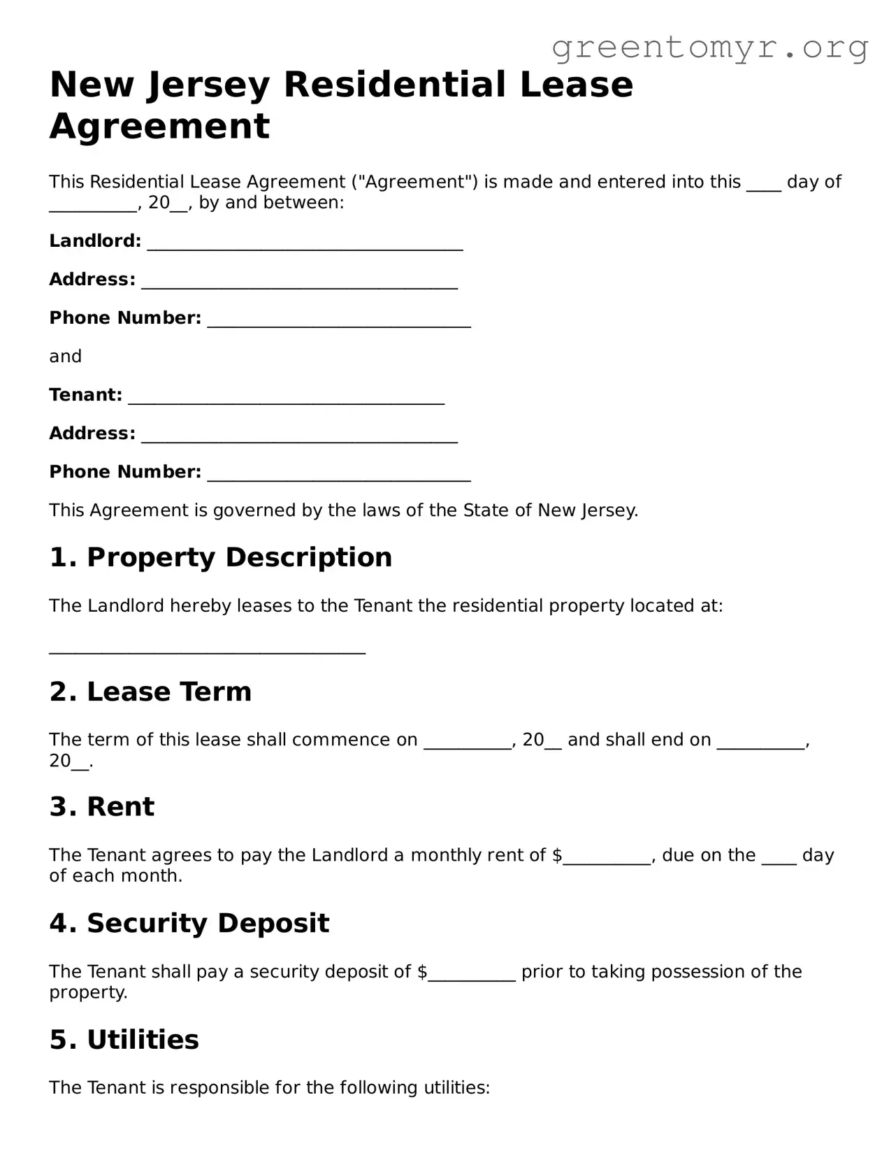 Residential Lease Agreement Form for the State of New Jersey
