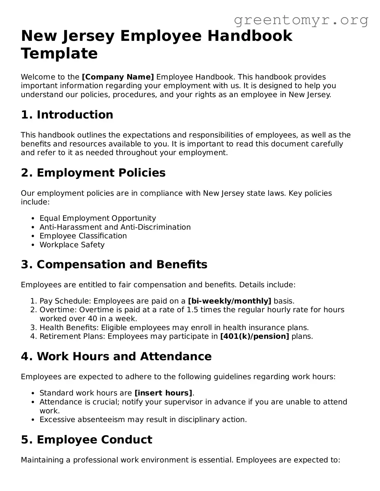 Employee Handbook Form for the State of New Jersey