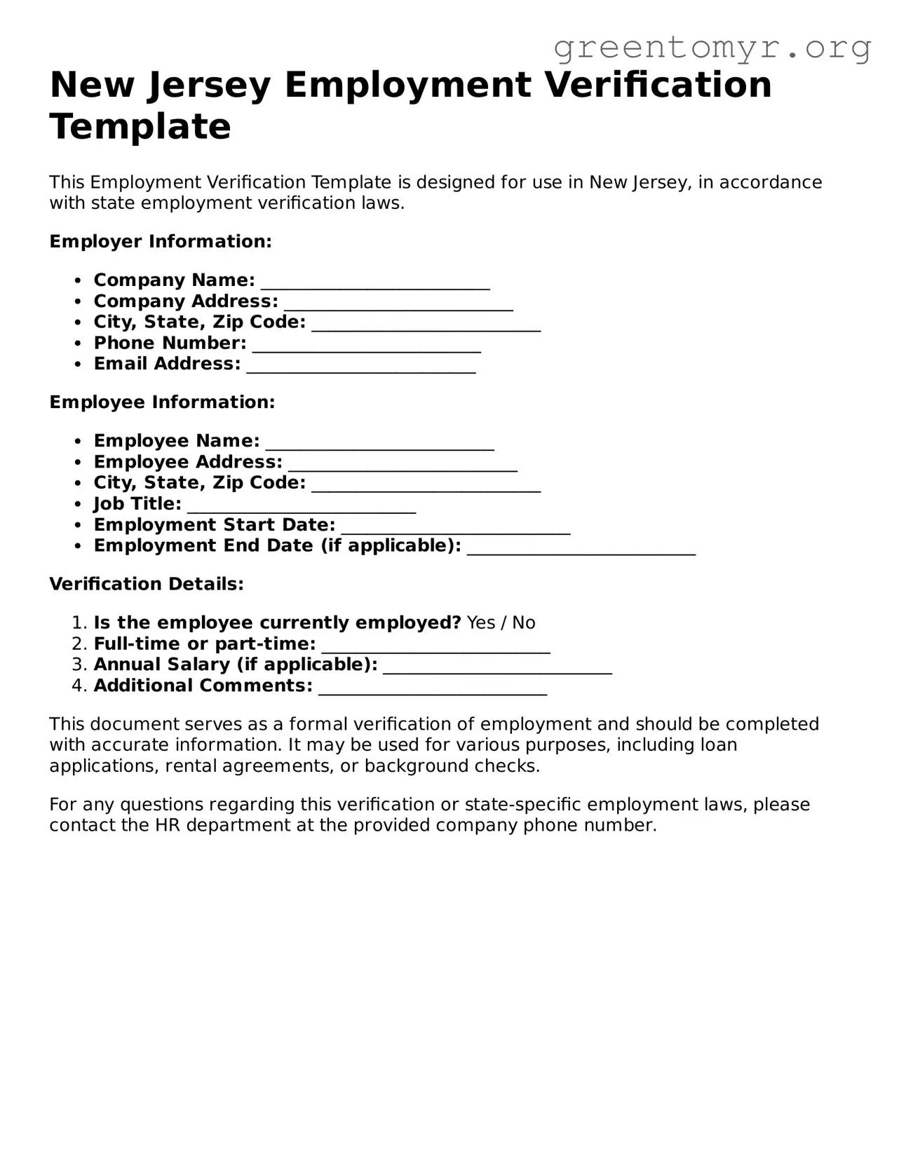 Employment Verification Form for the State of New Jersey