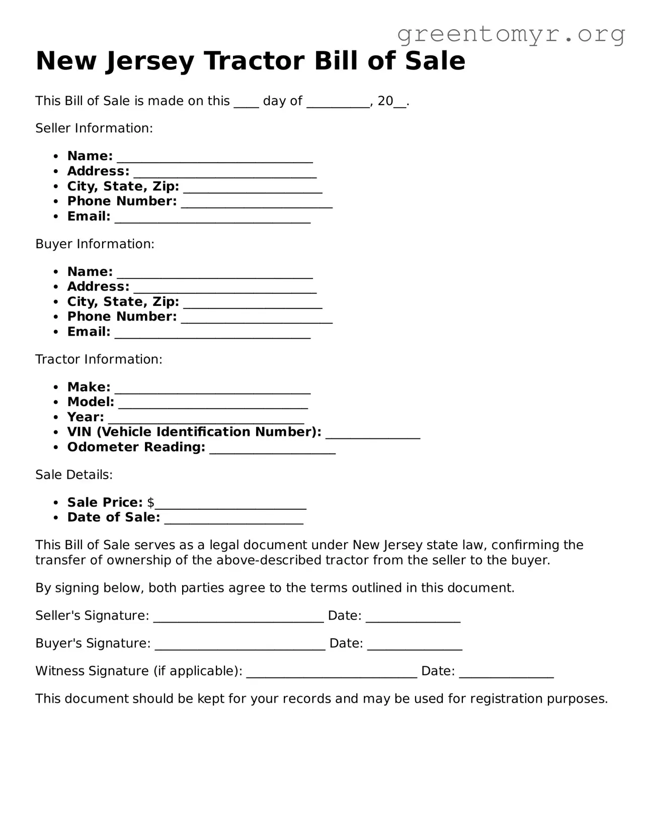 Tractor Bill of Sale Form for the State of New Jersey