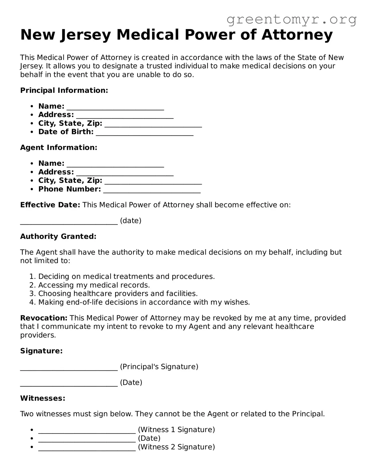 Medical Power of Attorney Form for the State of New Jersey