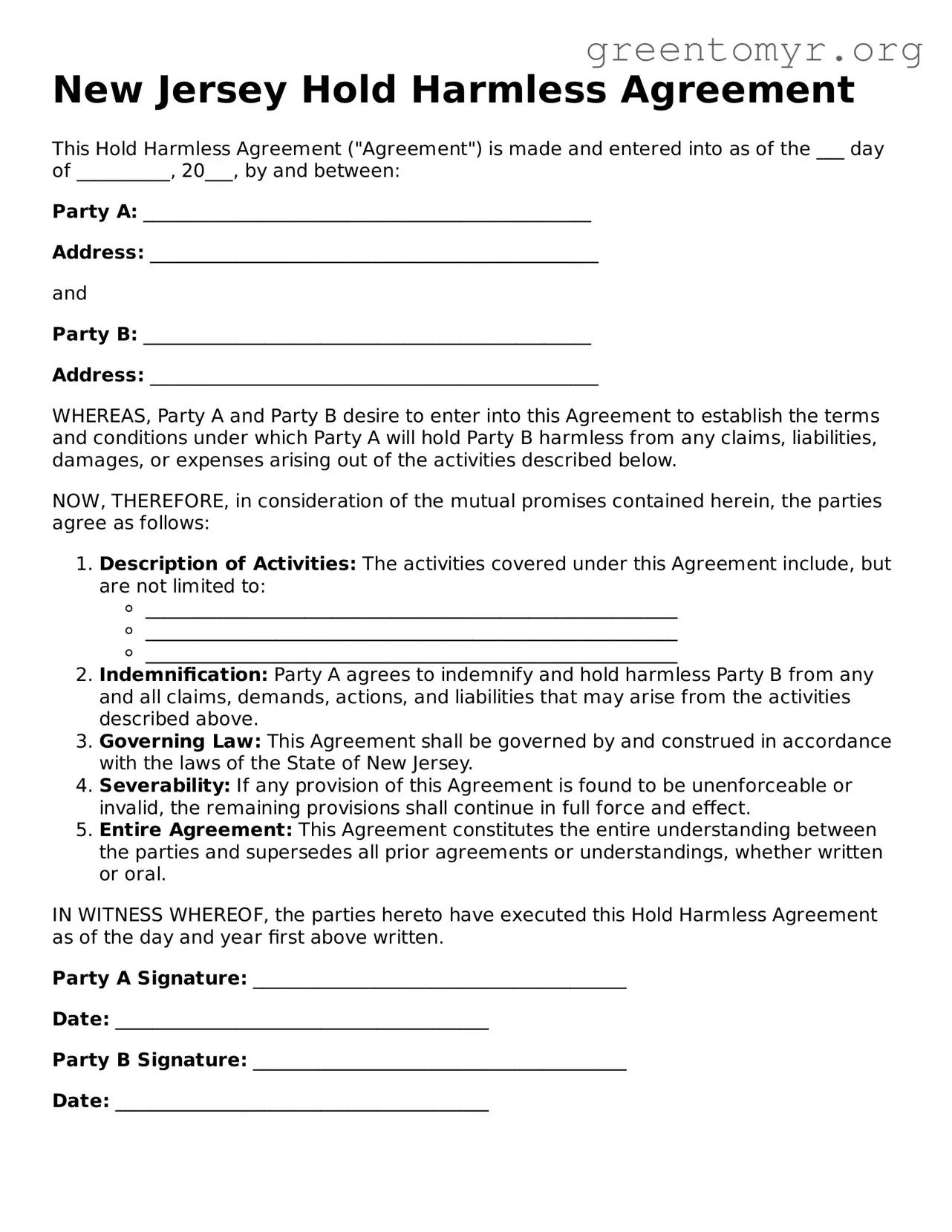 Hold Harmless Agreement Form for the State of New Jersey