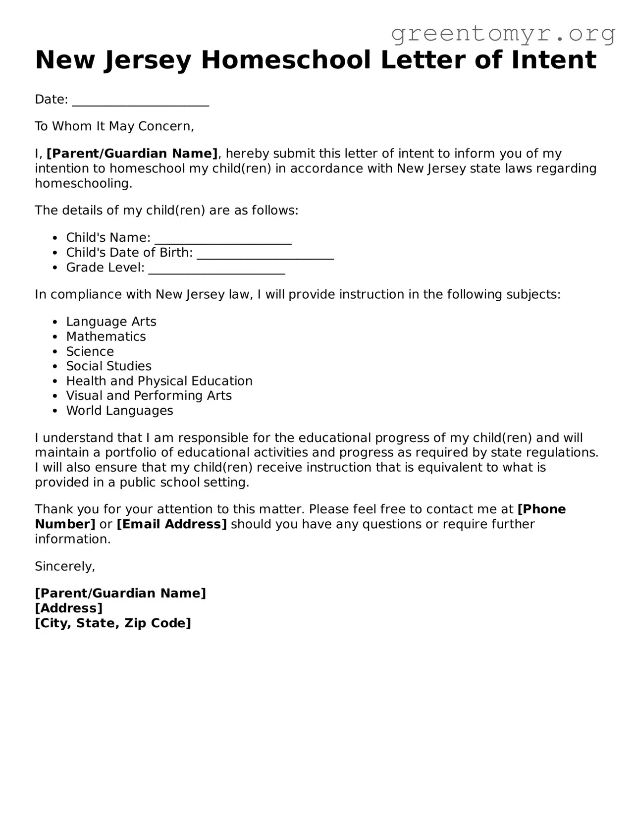 Homeschool Letter of Intent Form for the State of New Jersey
