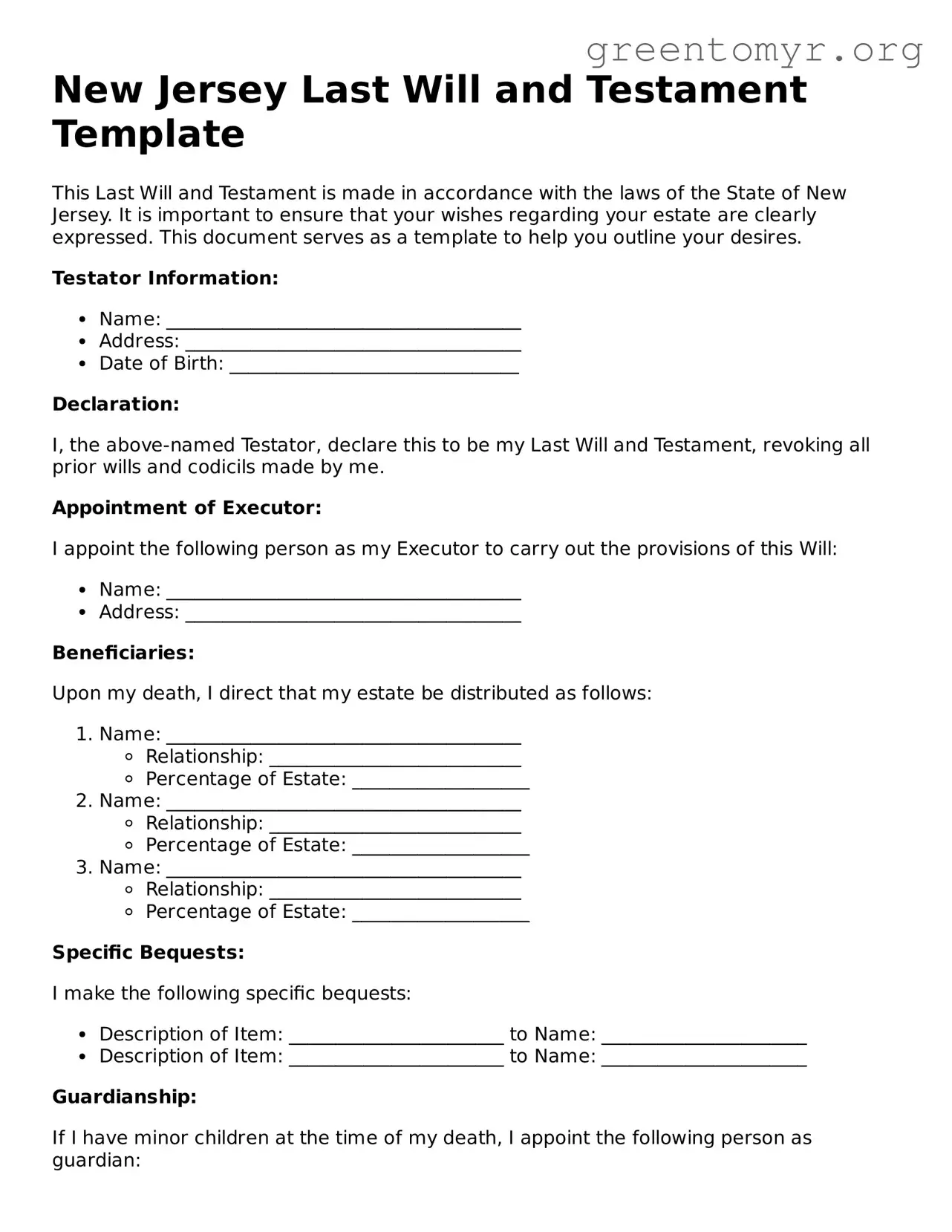 Last Will and Testament Form for the State of New Jersey