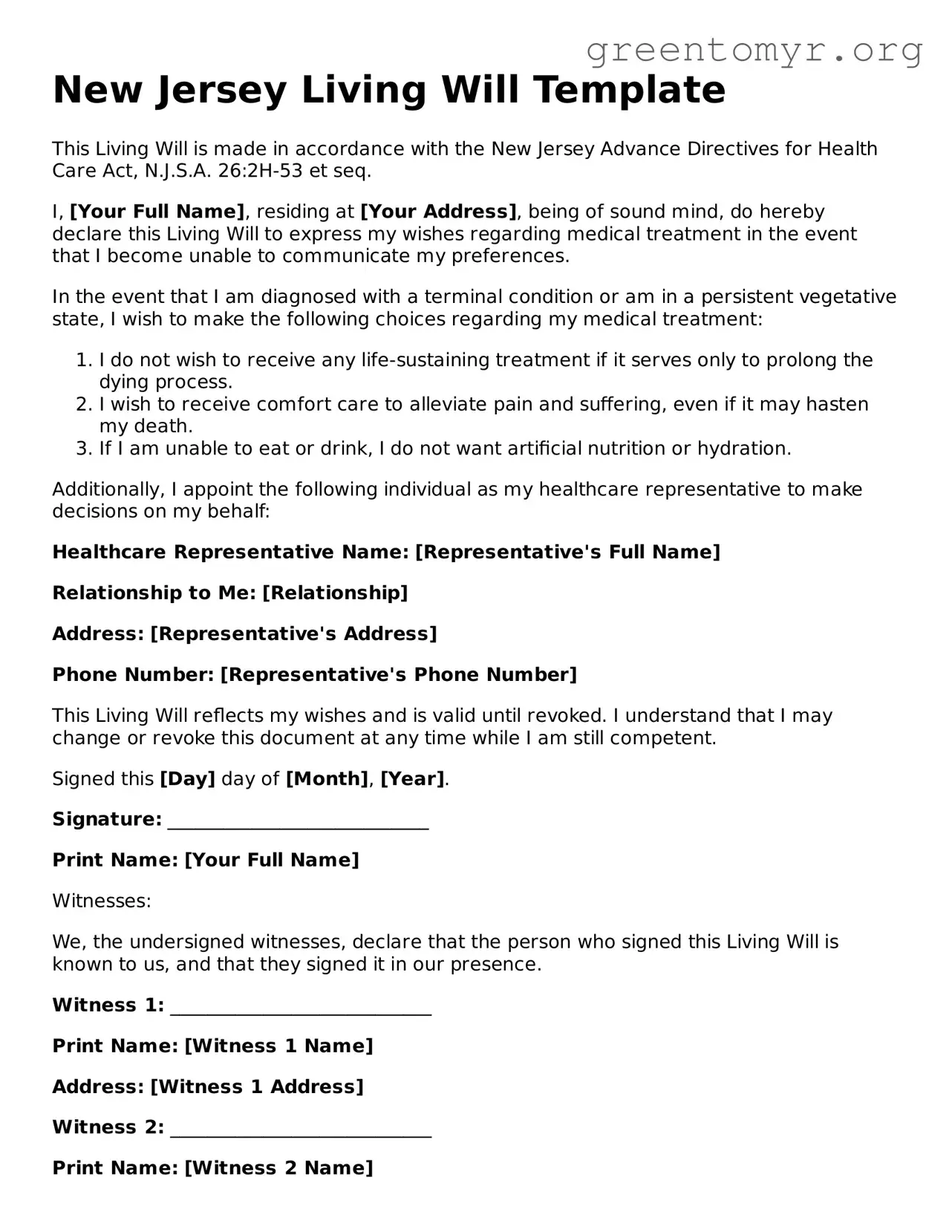 Living Will Form for the State of New Jersey