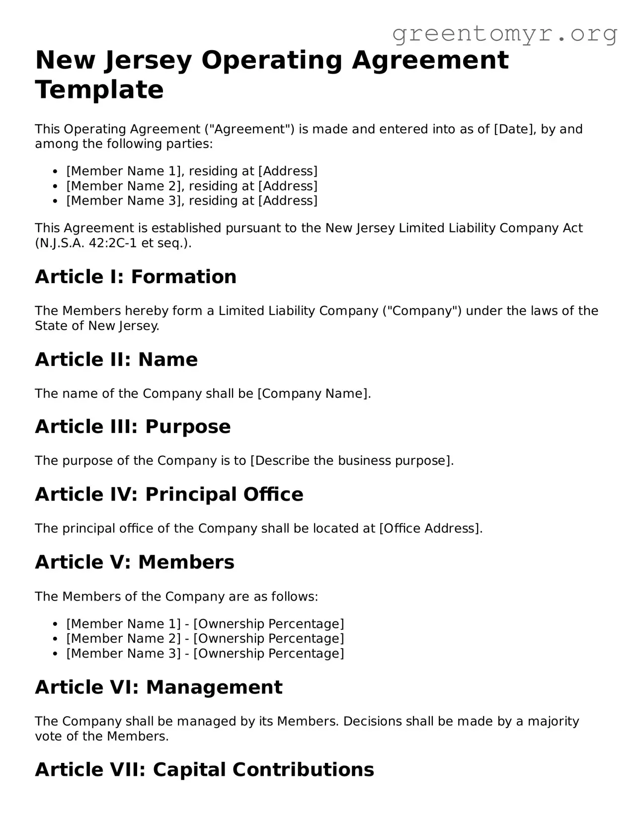 Operating Agreement Form for the State of New Jersey