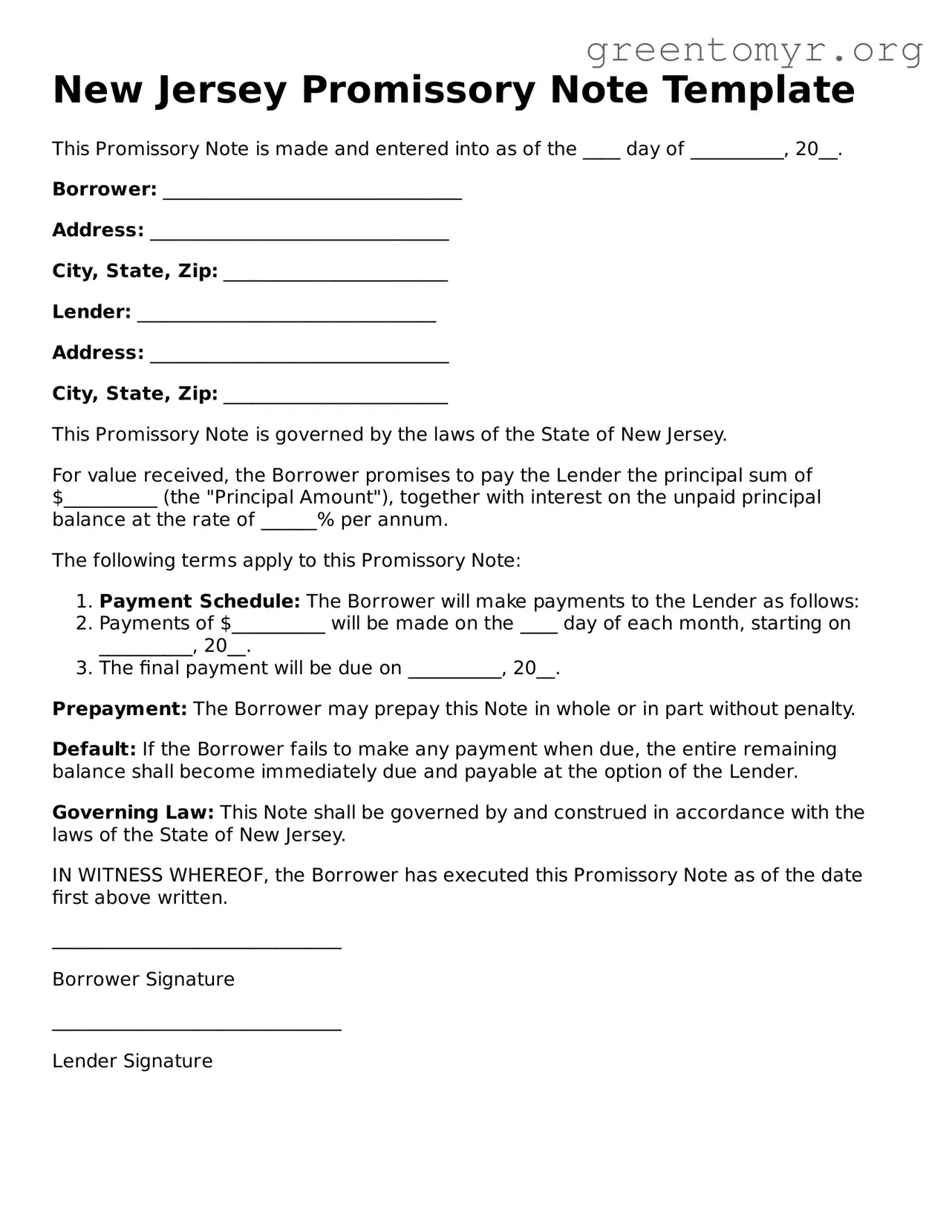 Promissory Note Form for the State of New Jersey