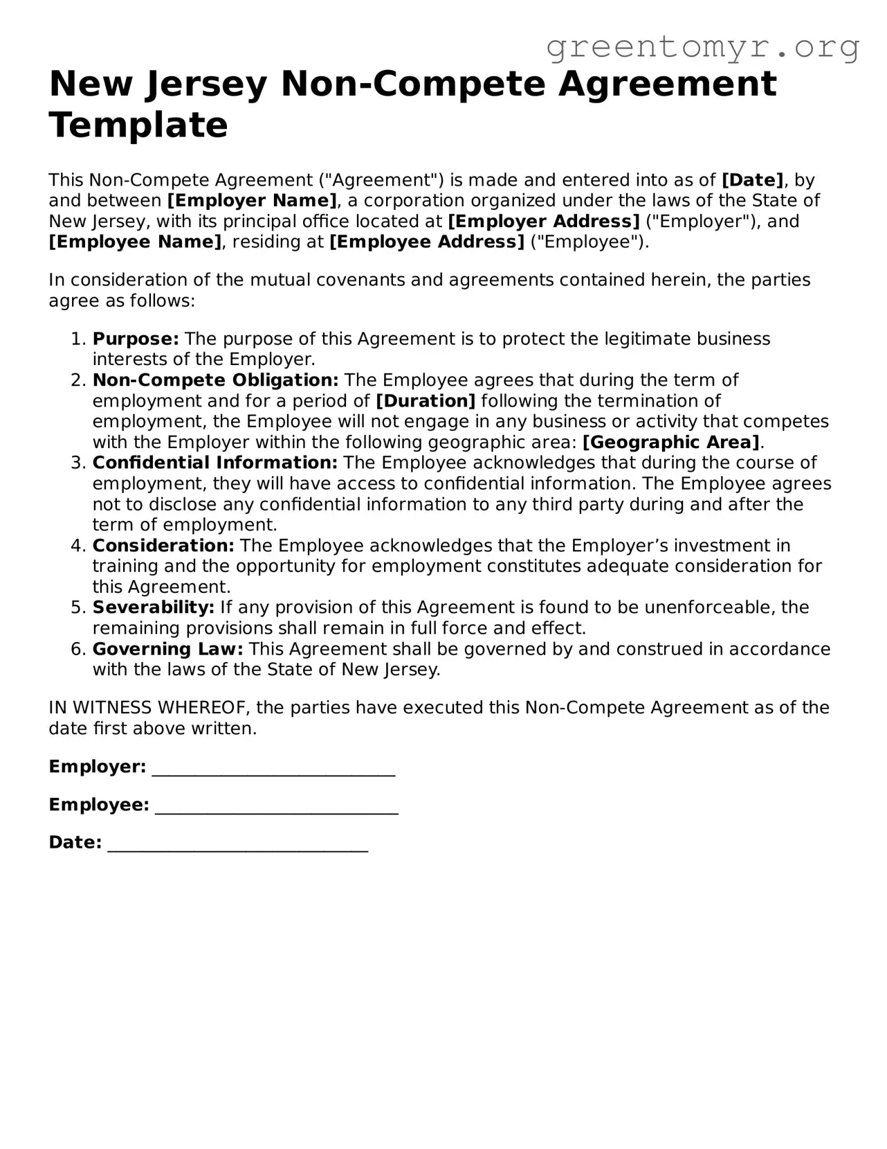 Non-compete Agreement Form for the State of New Jersey