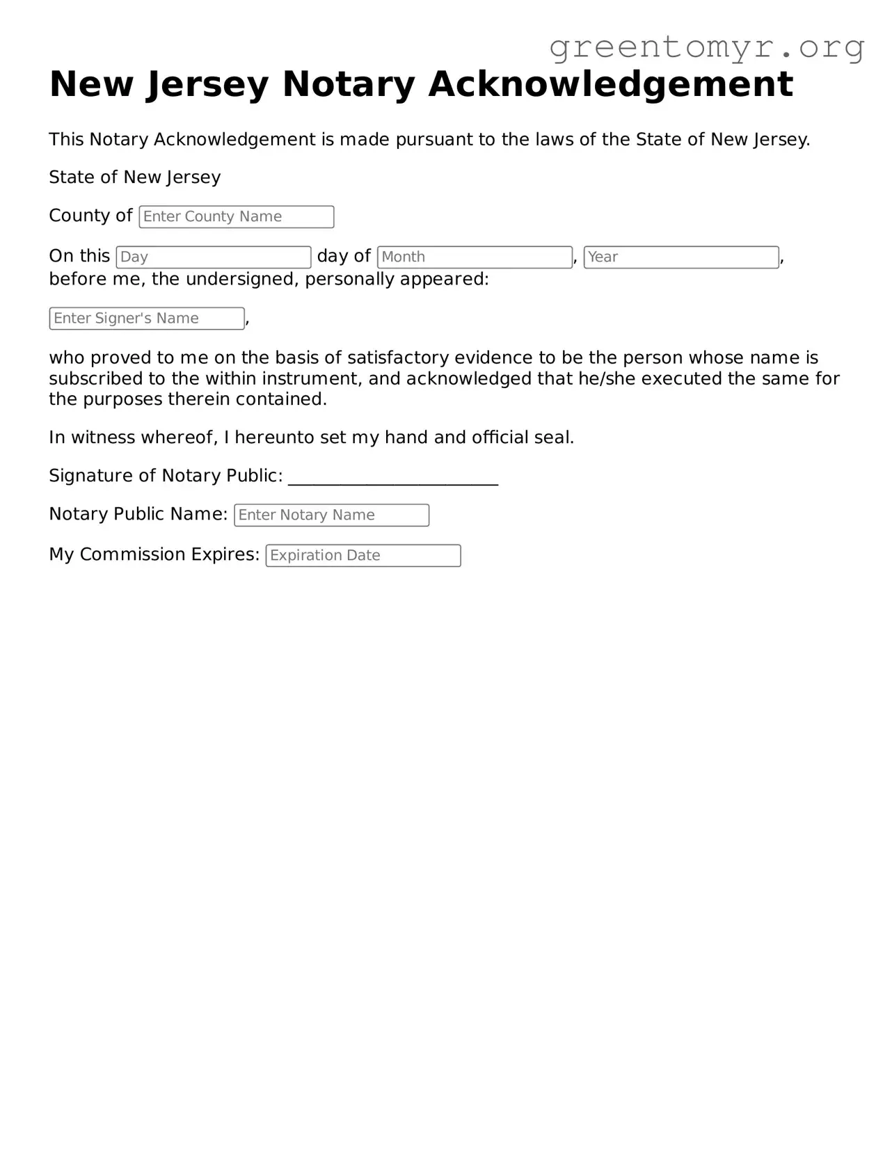 Notary Acknowledgement Form for the State of New Jersey